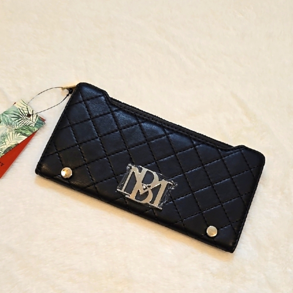 Badgley Mischka Black Quilted Wallet with Silver Emblem New